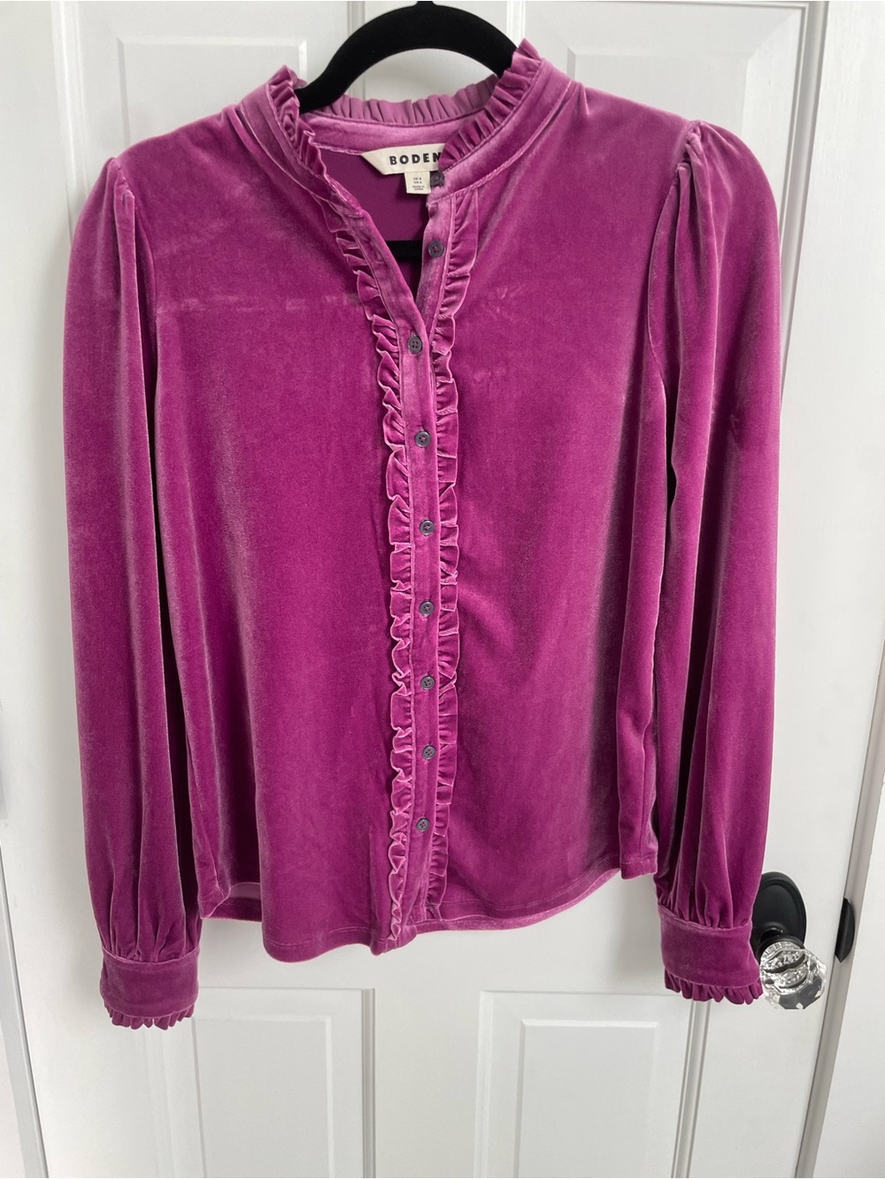Boden Velvet Ruffle-Trim Button-Down Blouse - Fuchsia